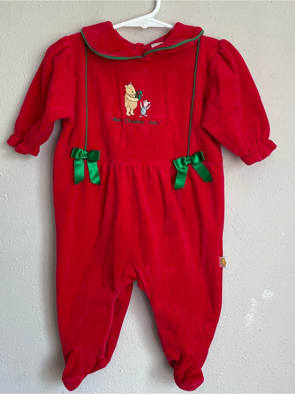 Vintage Winnie the Pooh Red Christmas Velvet One-Piece for Kids